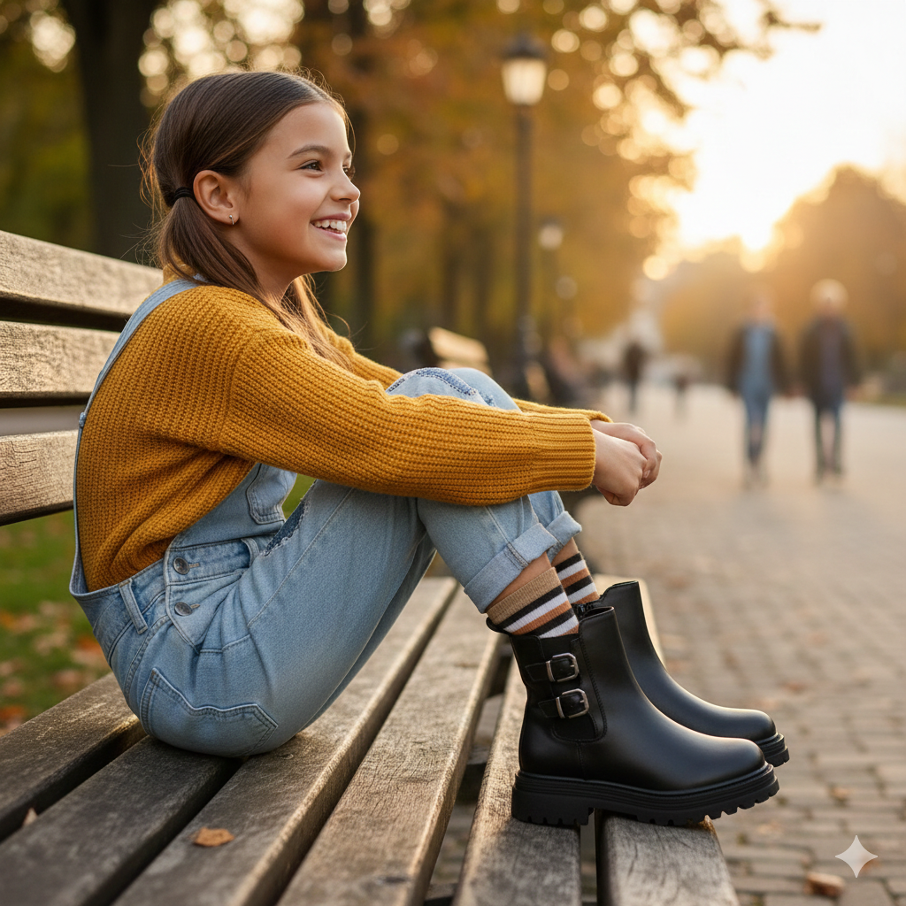 Bottines noires à boucle pour filles avec semelle épaisse
