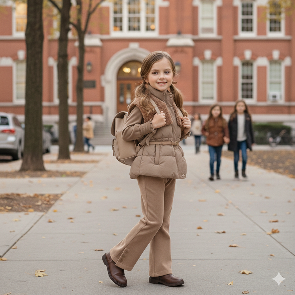 Tenue d'hiver élégante pour enfants : doudoune avec ceinture et pantalon en velours côtelé