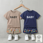Boys’ “BABY” Cotton Summer Outfit Set with Matching Cap – Available in Blue & Beige