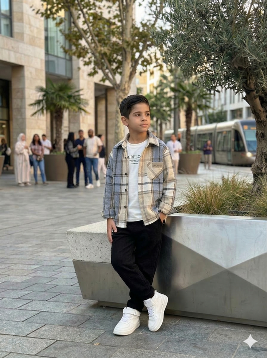 Boys 3-Piece Modern Plaid Flannel Shirt, SURFLO Graphic T-shirt, and Jogger Pants Outfit Set