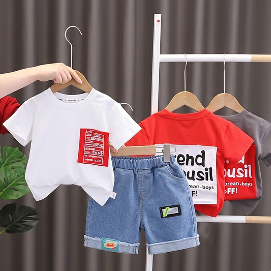 Trendy Kids Summer Set – Letter T-Shirt & Denim Shorts, Boys/Girls