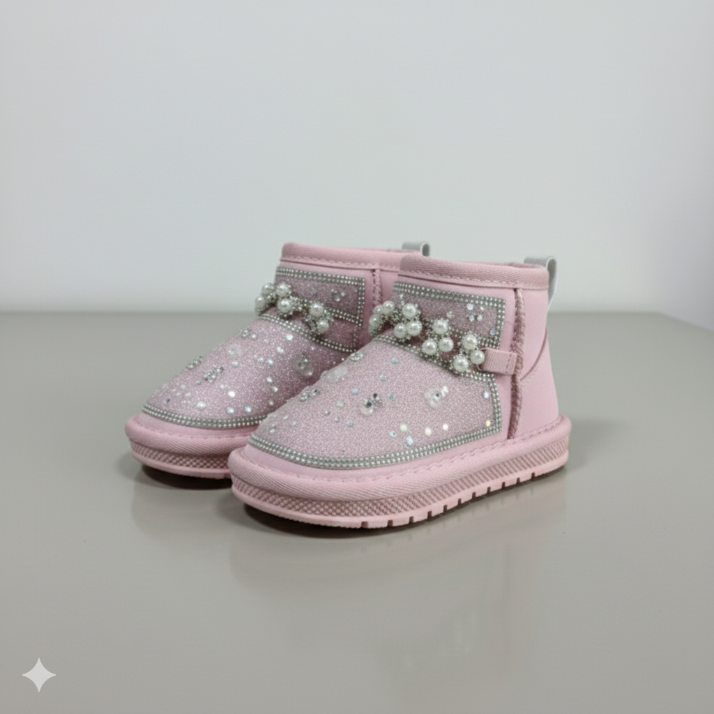 Kids Winter Glitter Boots with Pearls – Warm Fur Lined Non-Slip Ankle Shoes for Girls,
