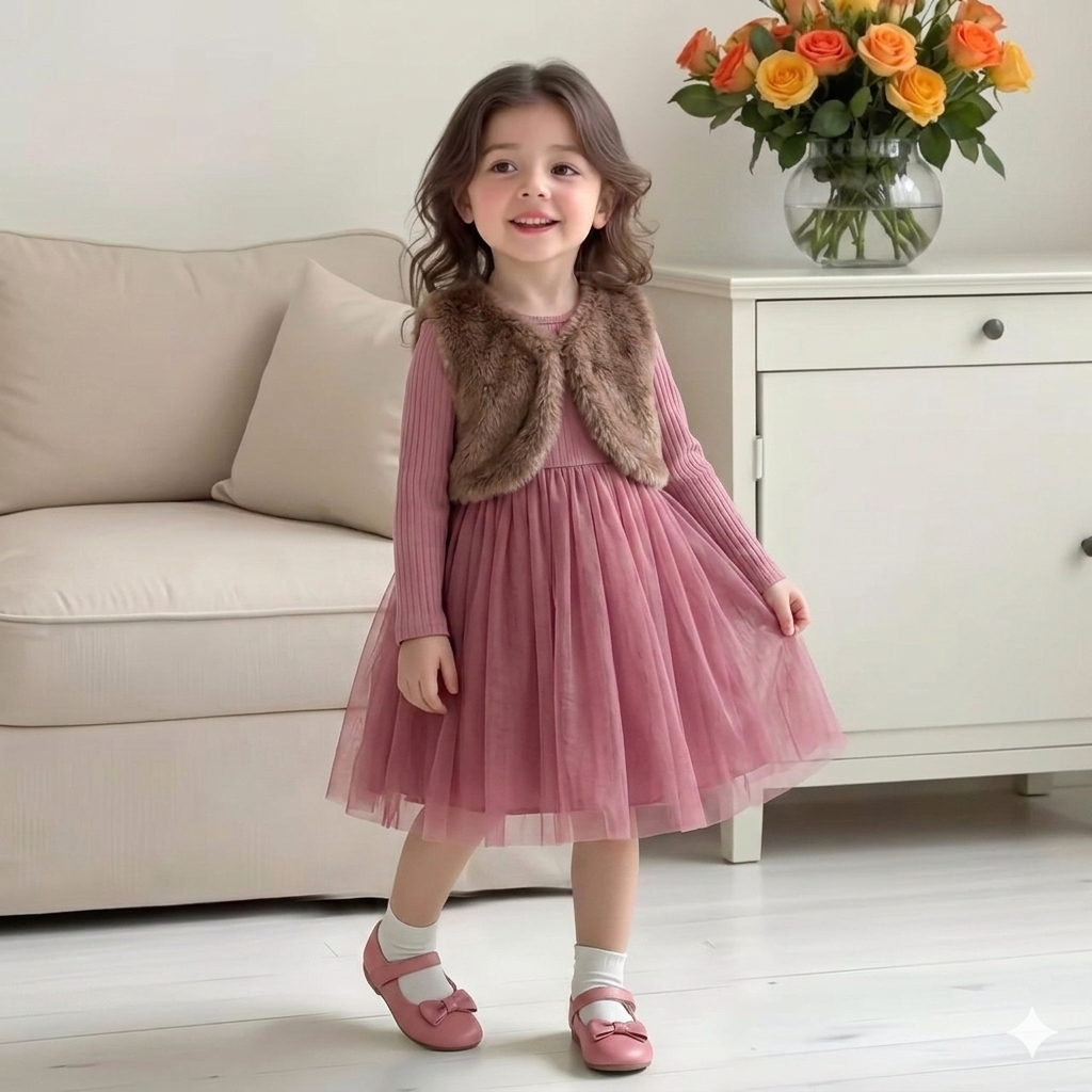 🌸 Elegant Princess Tulle Dress Set for Girls with Faux Fur Vest