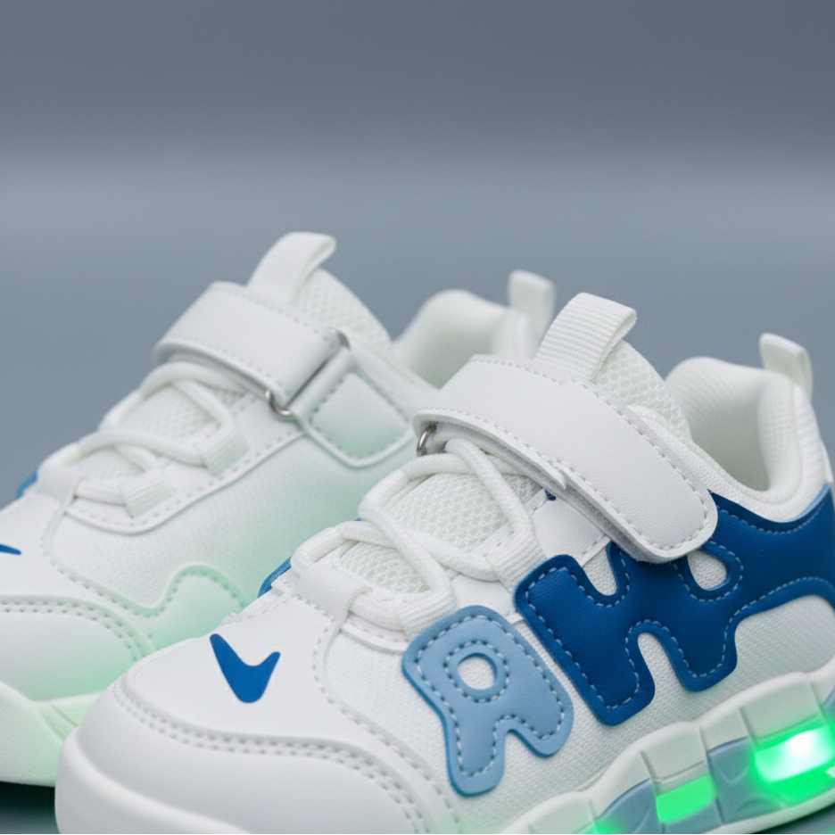Baskets lumineuses LED pour enfants, disponibles en quatre coloris, avec empiècements en mesh respirant, brides auto-agrippantes et semelles transparentes qui s'illuminent en marchant.