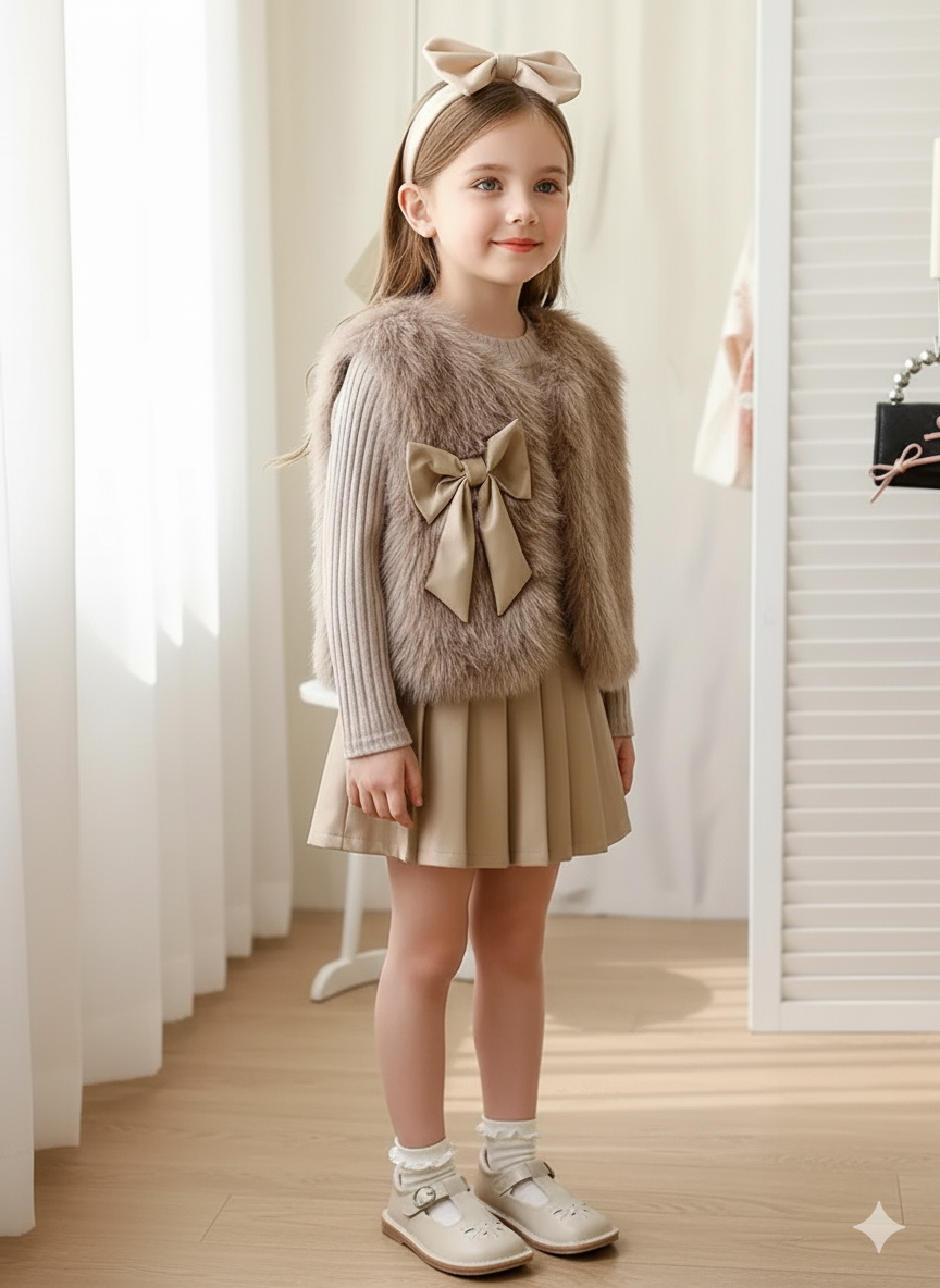 3pcs ' Elegant Winter Fur-like Coat & Skirt Set with Bow Detailing