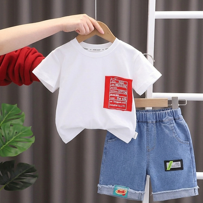 Trendy Kids Summer Set – Letter T-Shirt & Denim Shorts, Boys/Girls