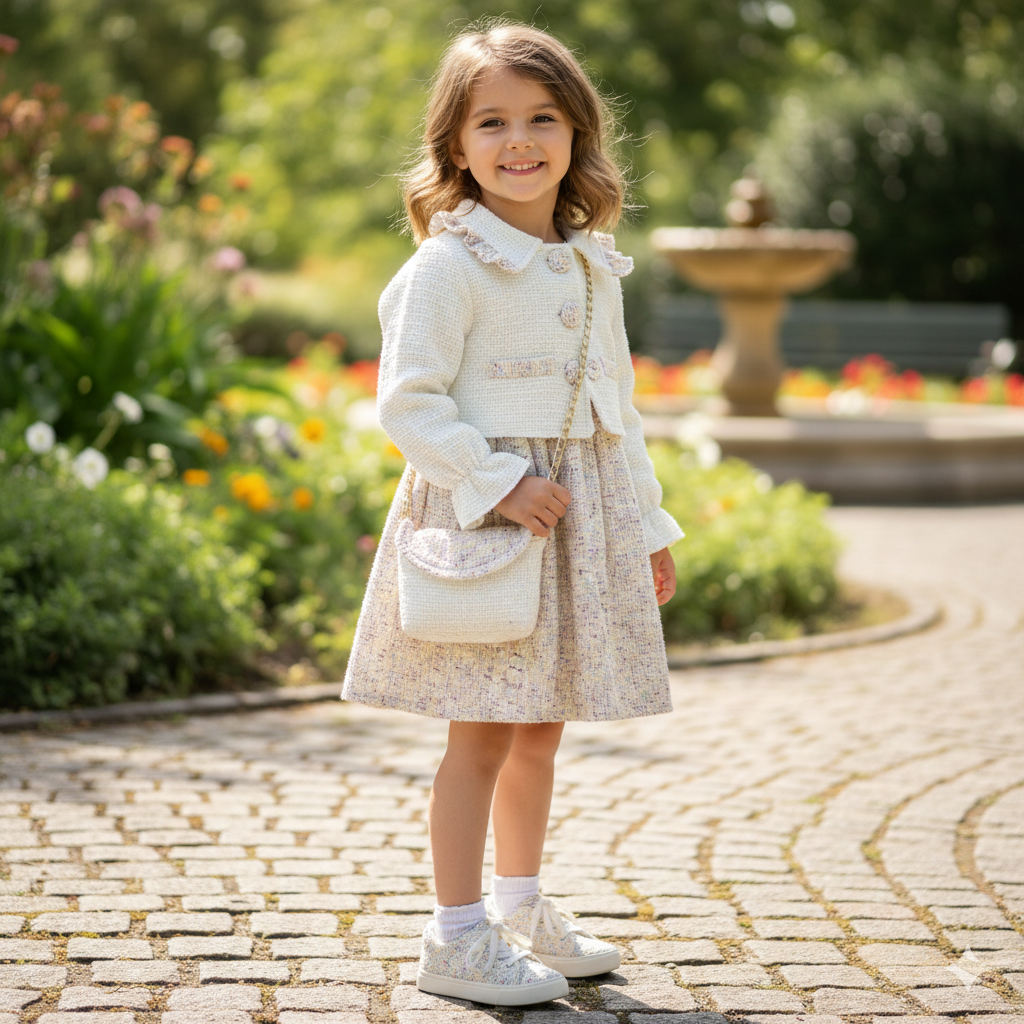 🌸 Elegant Winter Girl Set – Soft Coat, Plaid Dress & Mini Bag 🌸