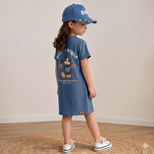 Pure Cotton Girls long shirt– Cartoon Summer home and out Dress with a matching hat