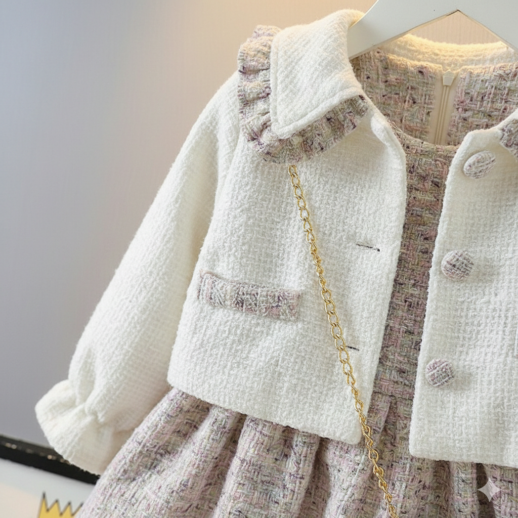 🌸 Elegant Winter Girl Set – Soft Coat, Plaid Dress & Mini Bag 🌸