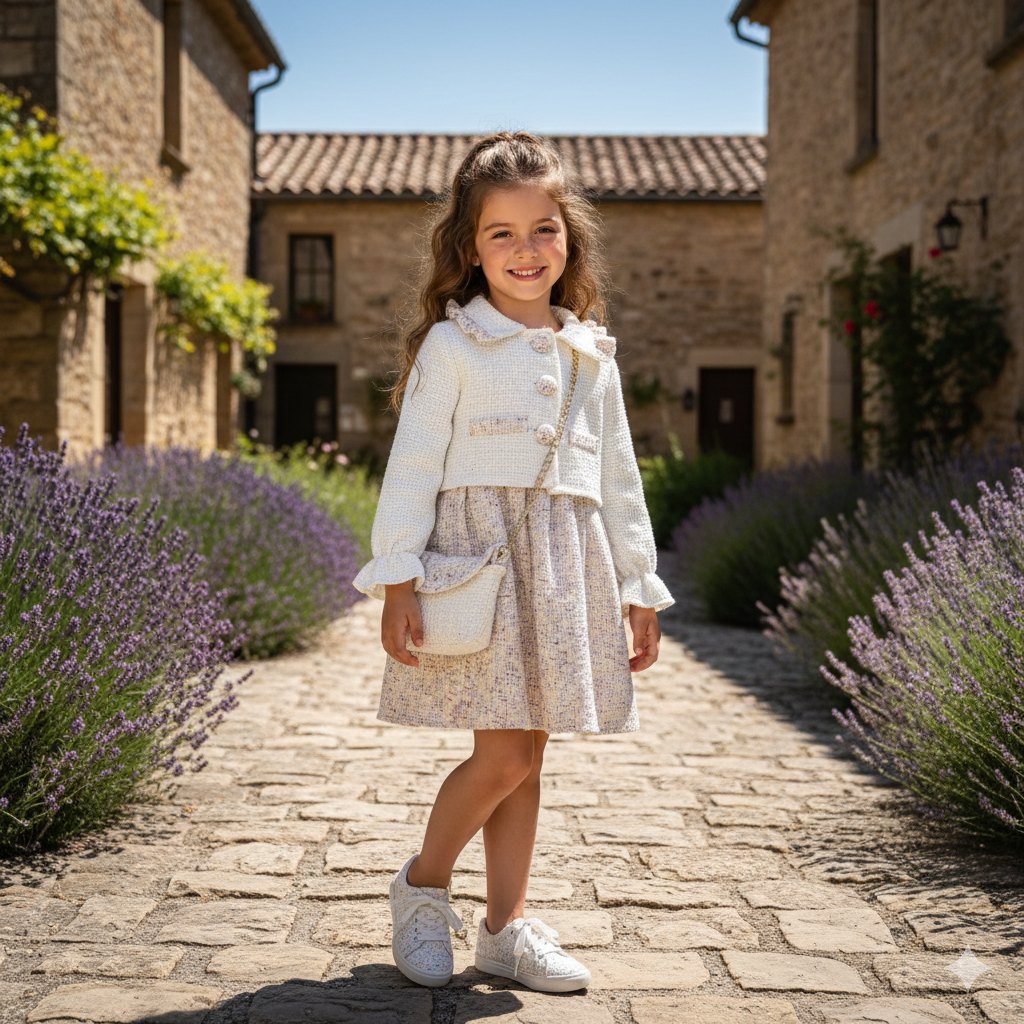 🌸 Elegant Winter Girl Set – Soft Coat, Plaid Dress & Mini Bag 🌸