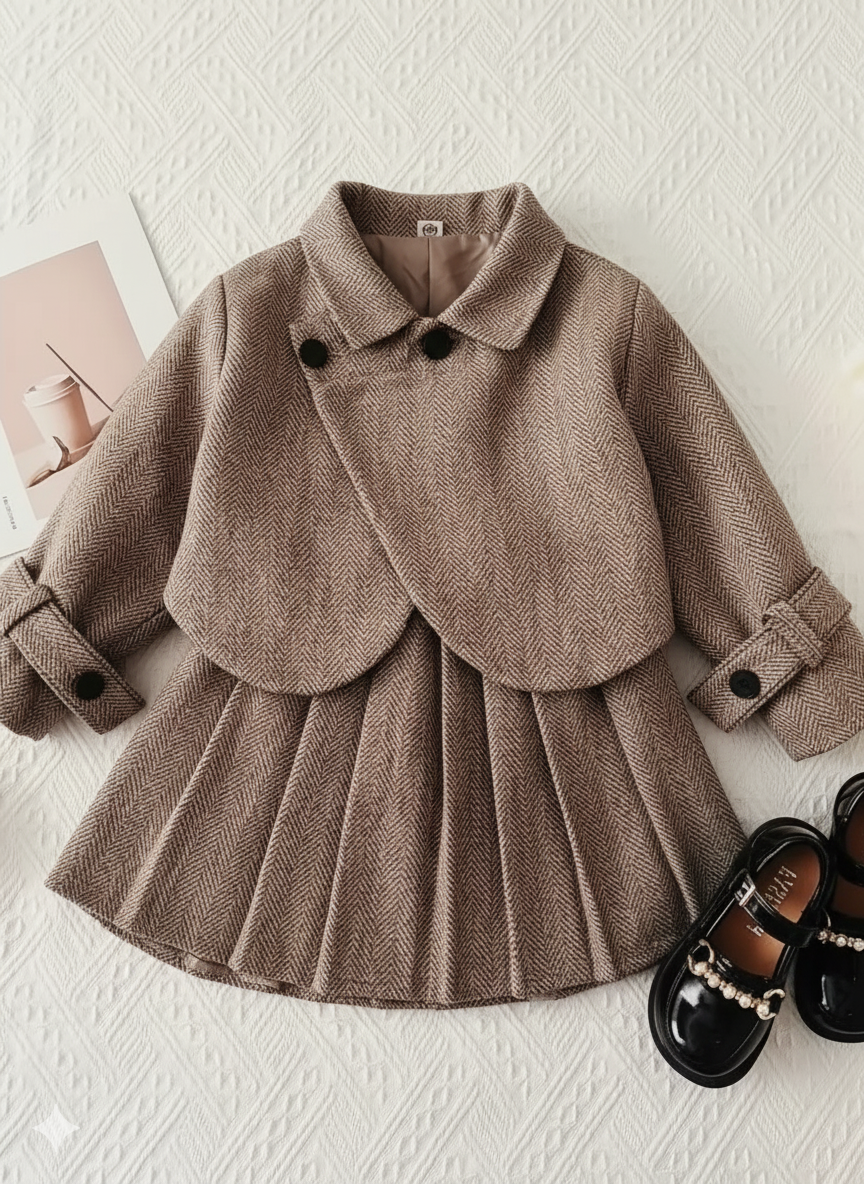 Girls' Autumn/Winter Casual Tweed Lapel Coat and Retro Pleated Skirt Two-Piece Set