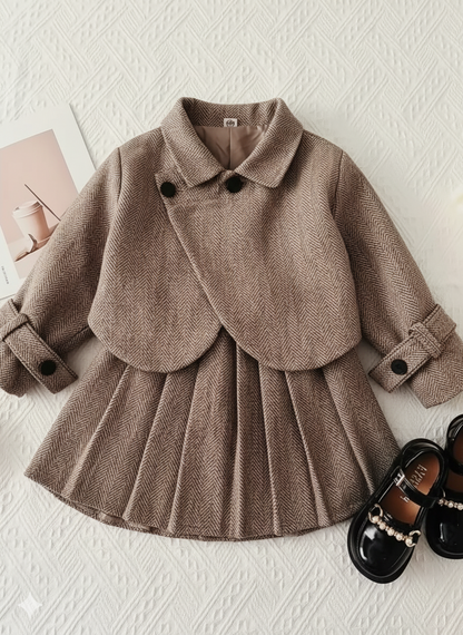 Girls' Autumn/Winter Casual Tweed Lapel Coat and Retro Pleated Skirt Two-Piece Set