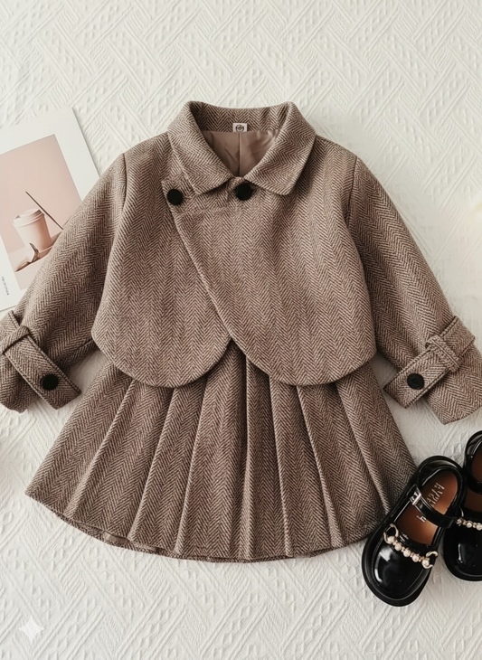 Girls' Autumn/Winter Casual Tweed Lapel Coat and Retro Pleated Skirt Two-Piece Set
