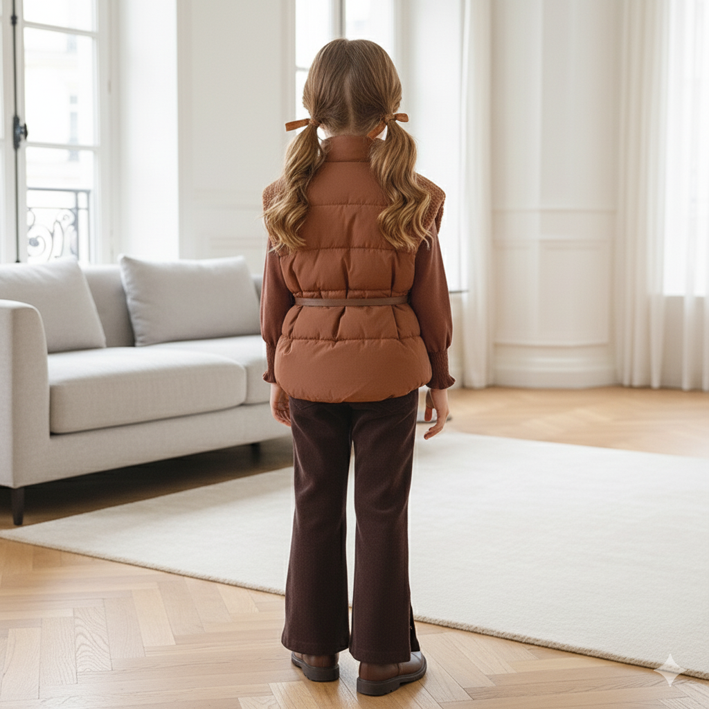 Tenue d'hiver élégante pour enfants : doudoune avec ceinture et pantalon en velours côtelé