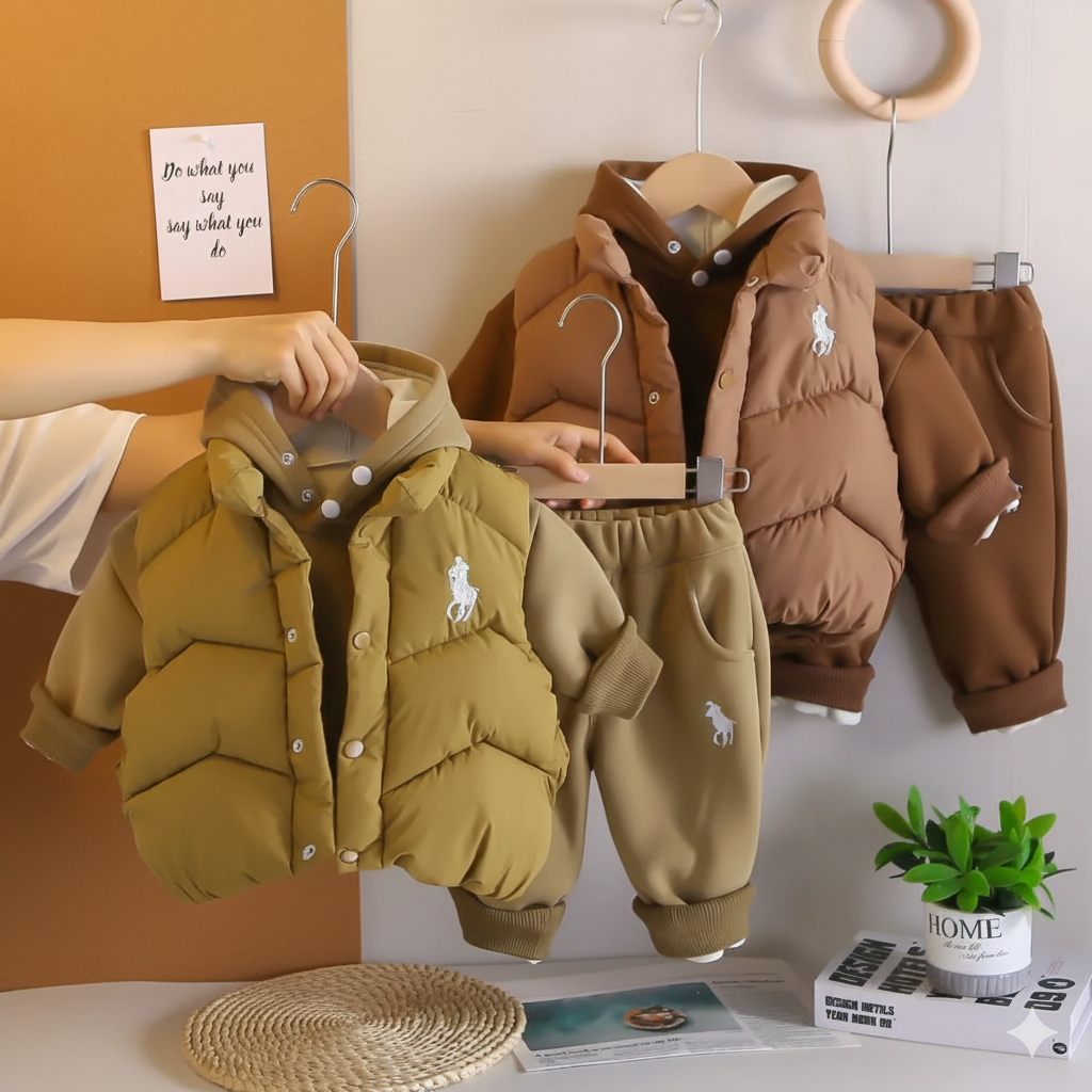 Ensemble sweat-shirt à capuche d'hiver pour enfants, nouveau style, vêtements d'hiver pour bébé garçon, plus gilet épais en velours, ensemble trois pièces