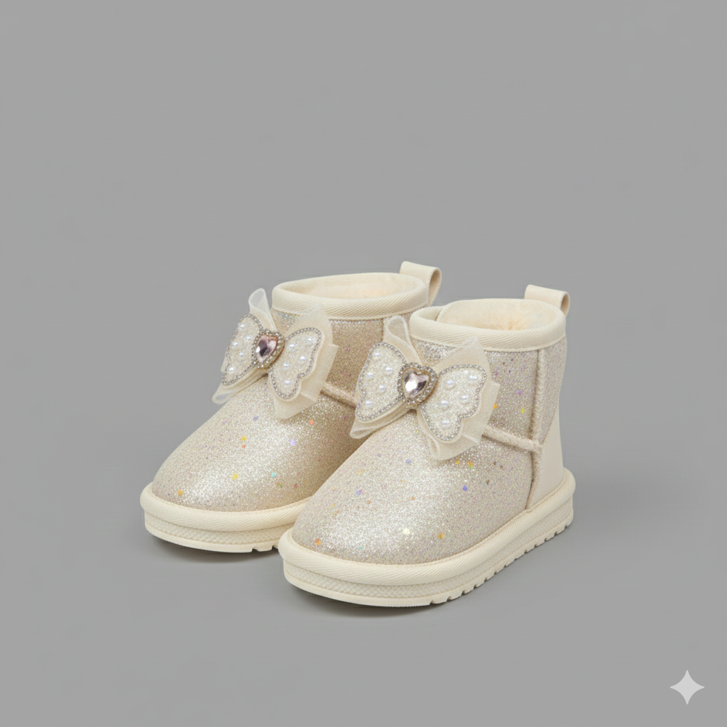 Girls' Glitter Bow Boots, Plush-Lined Warmth + Traction