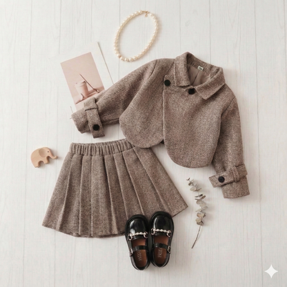 Ensemble deux pièces automne/hiver pour fille : manteau à revers en tweed décontracté et jupe plissée rétro