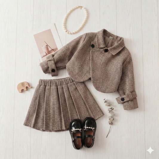 Girls' Autumn/Winter Casual Tweed Lapel Coat and Retro Pleated Skirt Two-Piece Set