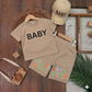 Boys’ “BABY” Cotton Summer Outfit Set with Matching Cap – Available in Blue & Beige