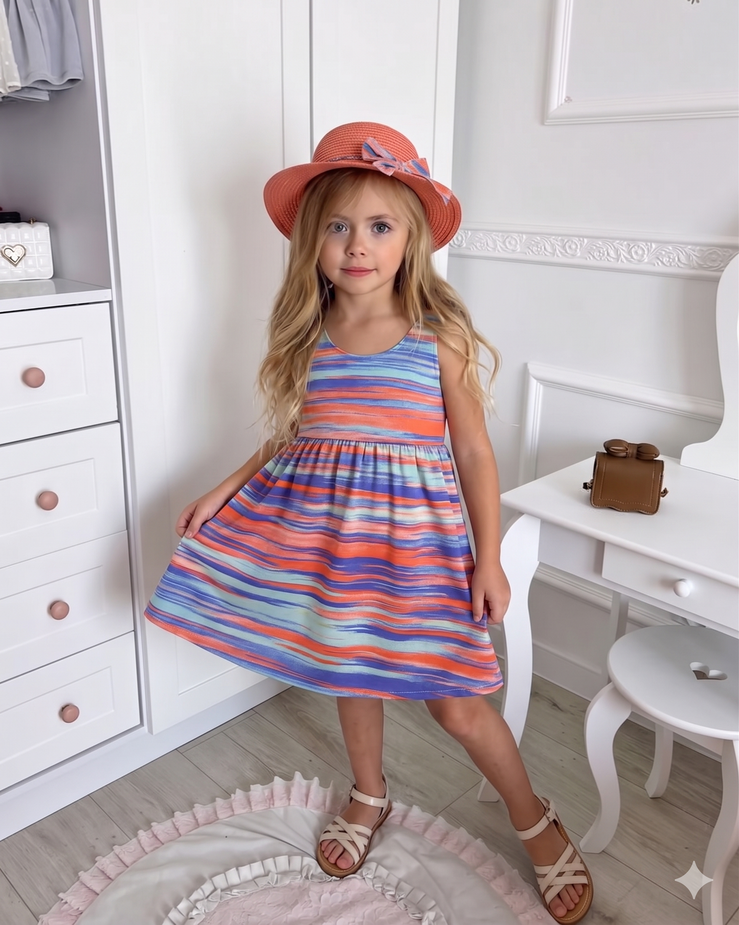 Girls' colorful summer dress with a stylish hat and a large bow tie