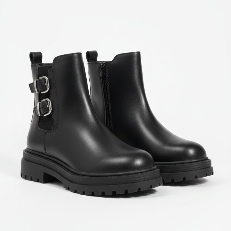 Bottines noires à boucle pour filles avec semelle épaisse