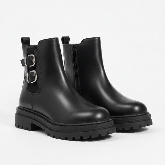 Girls’ Black Buckle Ankle Boots with Chunky Sole
