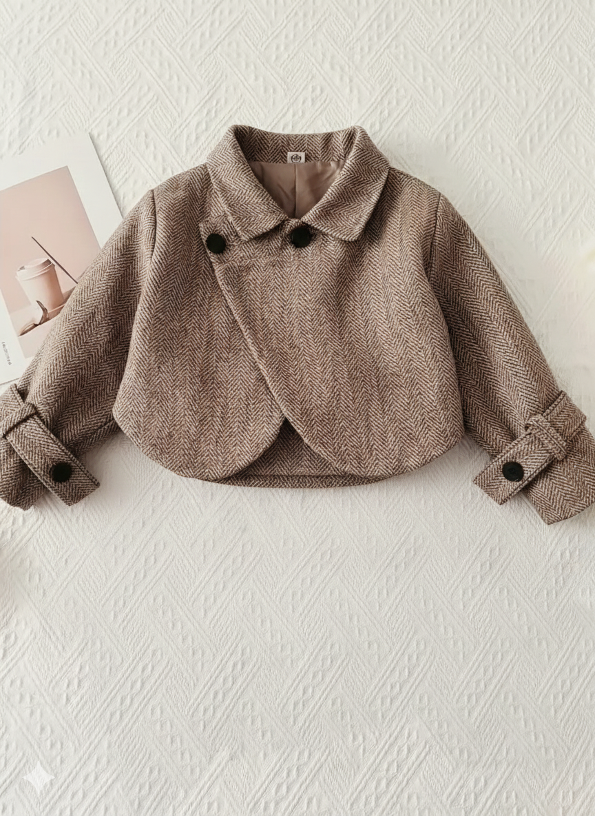 Girls' Autumn/Winter Casual Tweed Lapel Coat and Retro Pleated Skirt Two-Piece Set