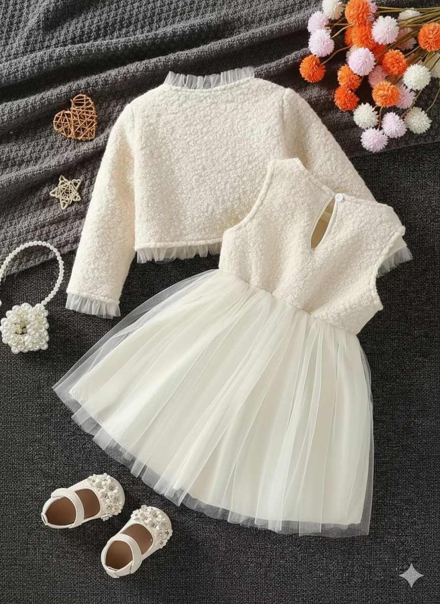 Girls Elegant Ivory Tulle Dress Set with Soft Jacket