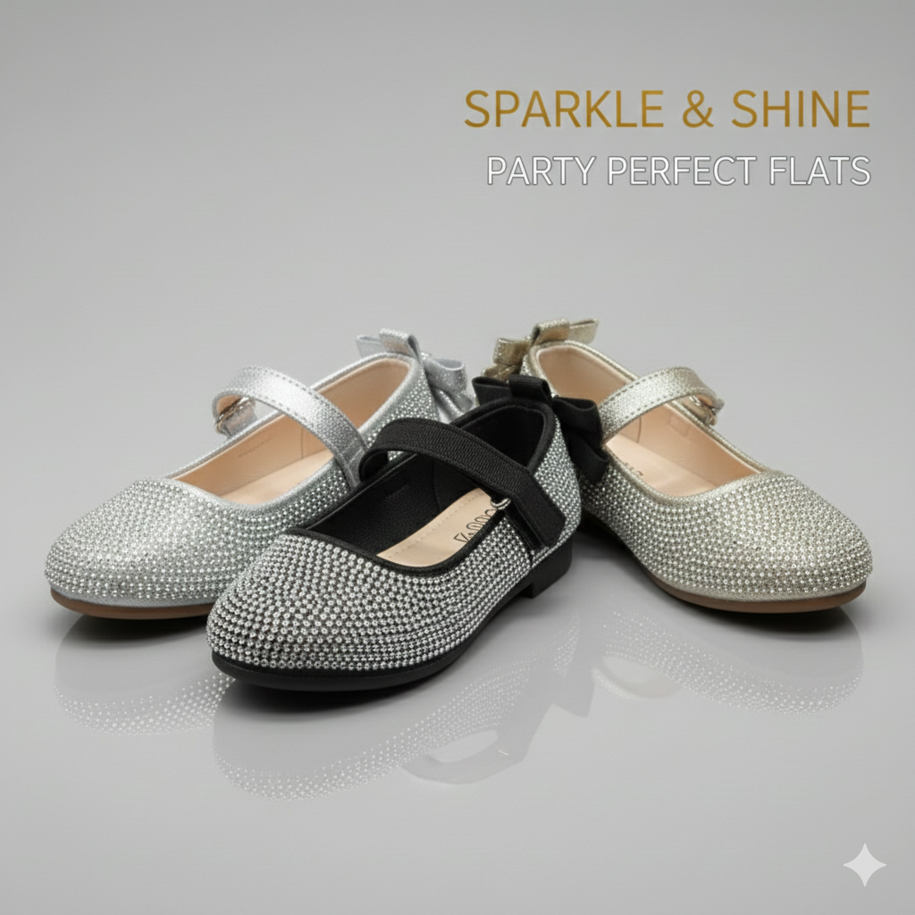 Girls Sparkly Mary Jane Flats with Bow – Elegant Rhinestone Party Shoes