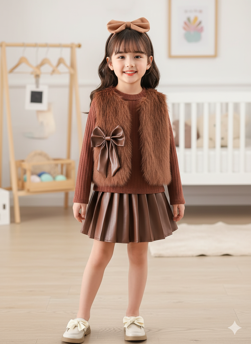 3pcs ' Elegant Winter Fur-like Coat & Skirt Set with Bow Detailing