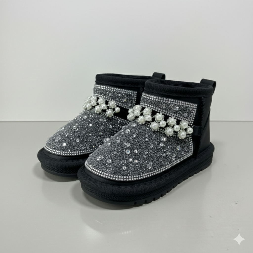 Kids Winter Glitter Boots with Pearls – Warm Fur Lined Non-Slip Ankle Shoes for Girls,