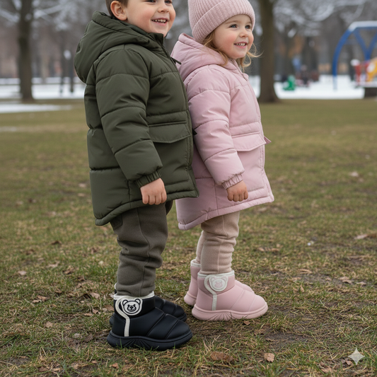 Kids Warm Winter Boots Soft Lining Cute Bear Design Non-Slip Sole Comfortable Baby Shoes