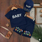 Boys’ “BABY” Cotton Summer Outfit Set with Matching Cap – Available in Blue & Beige