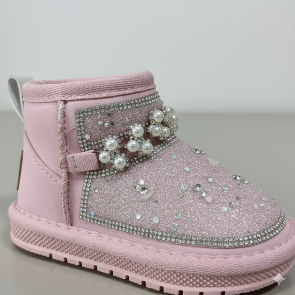 Kids Winter Glitter Boots with Pearls – Warm Fur Lined Non-Slip Ankle Shoes for Girls,