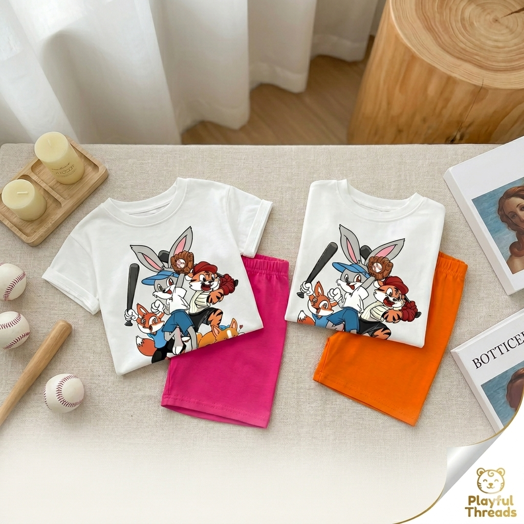 Kids Cartoon Baseball Team Summer Set – White Graphic T-Shirt & Bright Shorts (2-Piece Outfit)