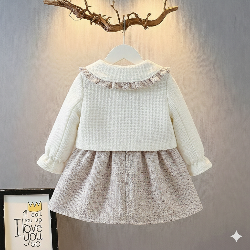 🌸 Elegant Winter Girl Set – Soft Coat, Plaid Dress & Mini Bag 🌸