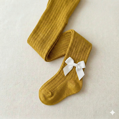 Girls Ribbed Bow Tights – Soft Cotton Blend Knee-Length Stockings