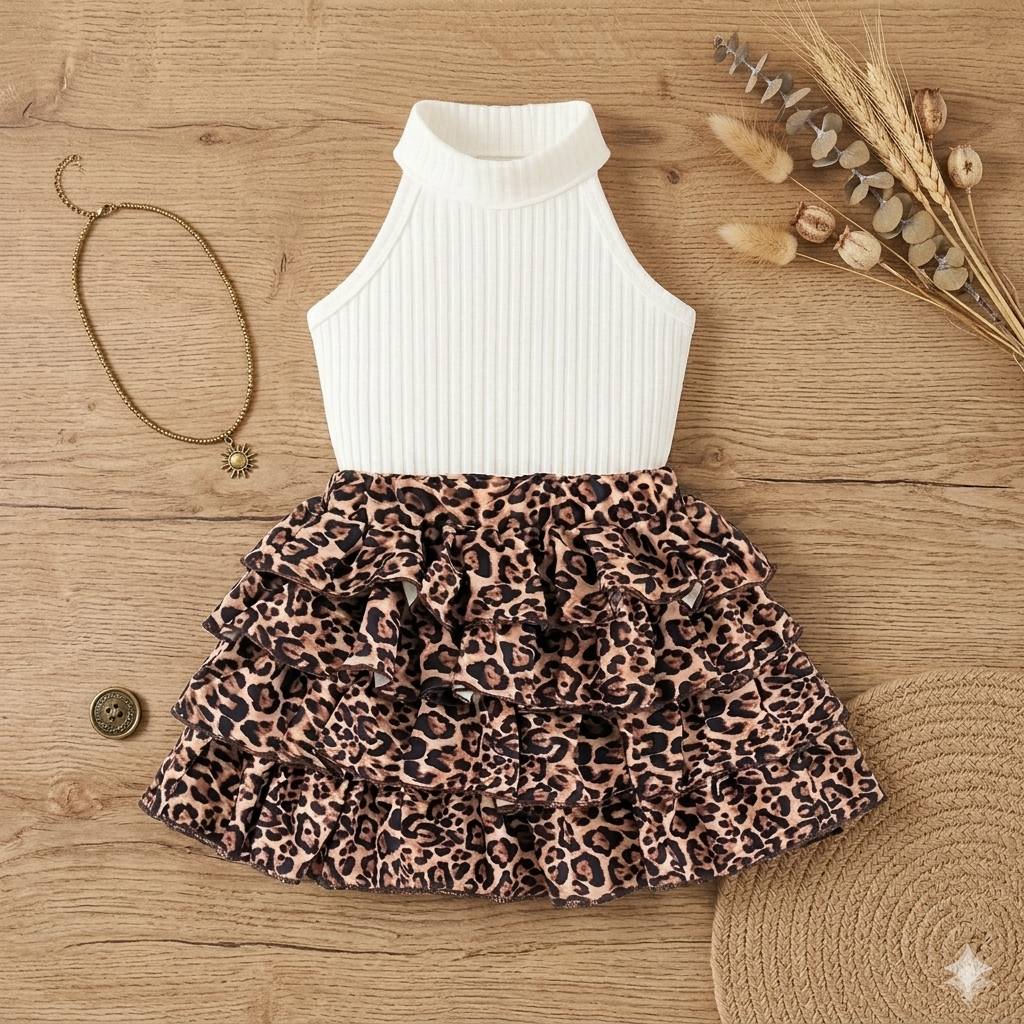 Tenue enfant à imprimé léopard vintage – Ensemble 3 pièces sans manches en coton