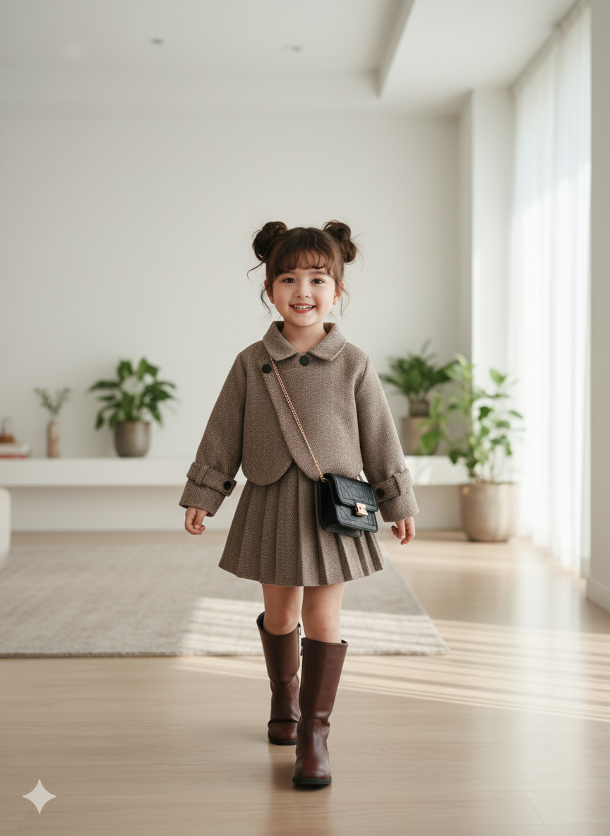 Girls' Autumn/Winter Casual Tweed Lapel Coat and Retro Pleated Skirt Two-Piece Set