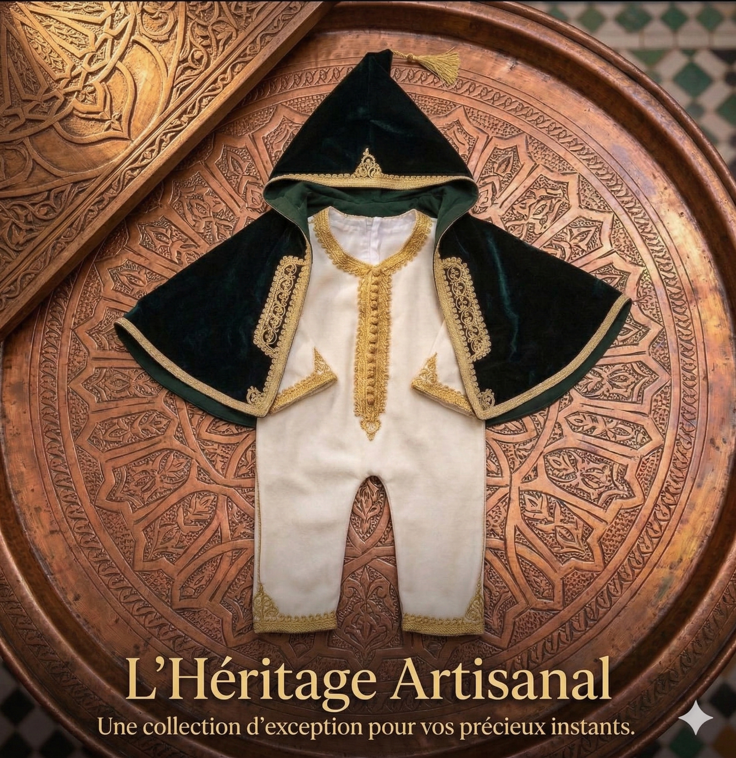 Tenue traditionnelle élégante pour bébé garçon avec cape en velours – Blanc et vert émeraude