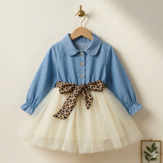✨ Elegant Girls Denim & Tulle Dress with Leopard Bow – Princess Style Outfit
