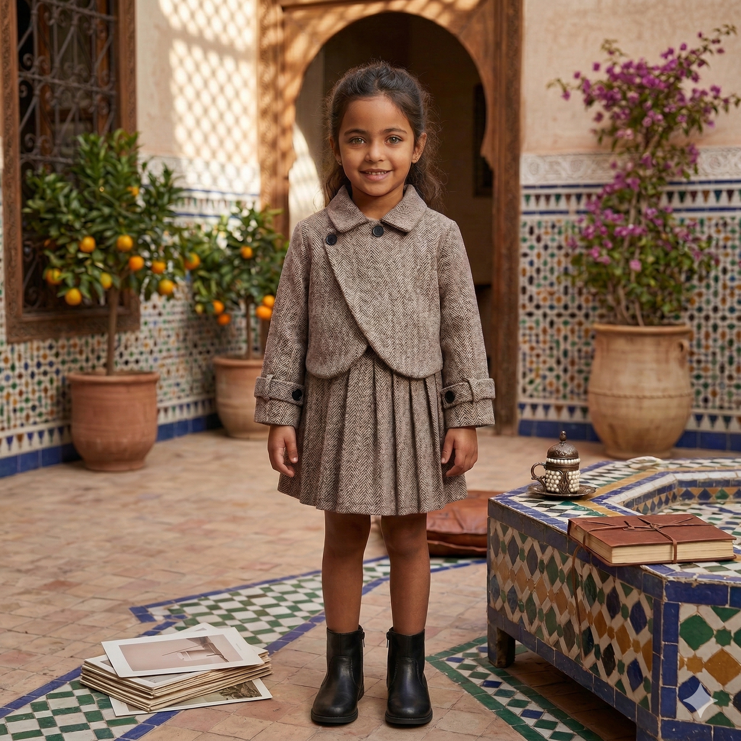 Ensemble deux pièces automne/hiver pour fille : manteau à revers en tweed décontracté et jupe plissée rétro