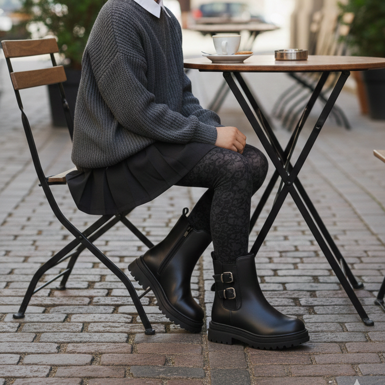 Bottines noires à boucle pour filles avec semelle épaisse
