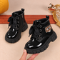 Kids’ Glossy Lace-Up Ankle Boots with Chunky Treaded Soles – Stylish Everyday Footwear in Black, Beige and Cream
