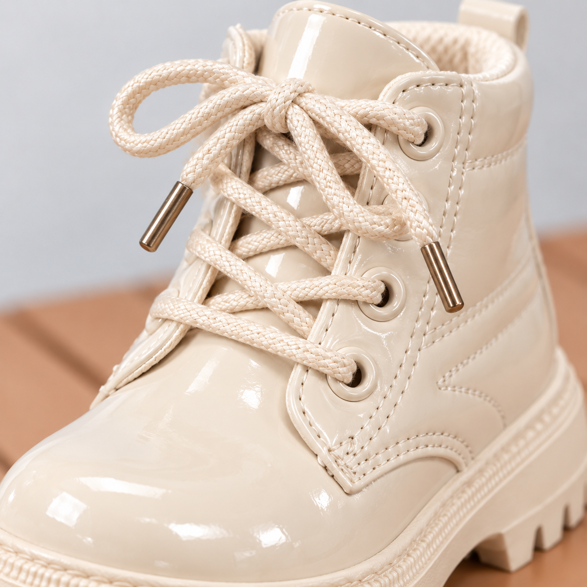 Girls’ Glossy Lace-Up Ankle Boots with Chunky Soles and Cute Bear Details