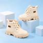 Girls’ Glossy Lace-Up Ankle Boots with Chunky Treaded Soles, Padded Collars and Elegant Gold-Tone “LOVE” Details for Stylish Everyday Outfits