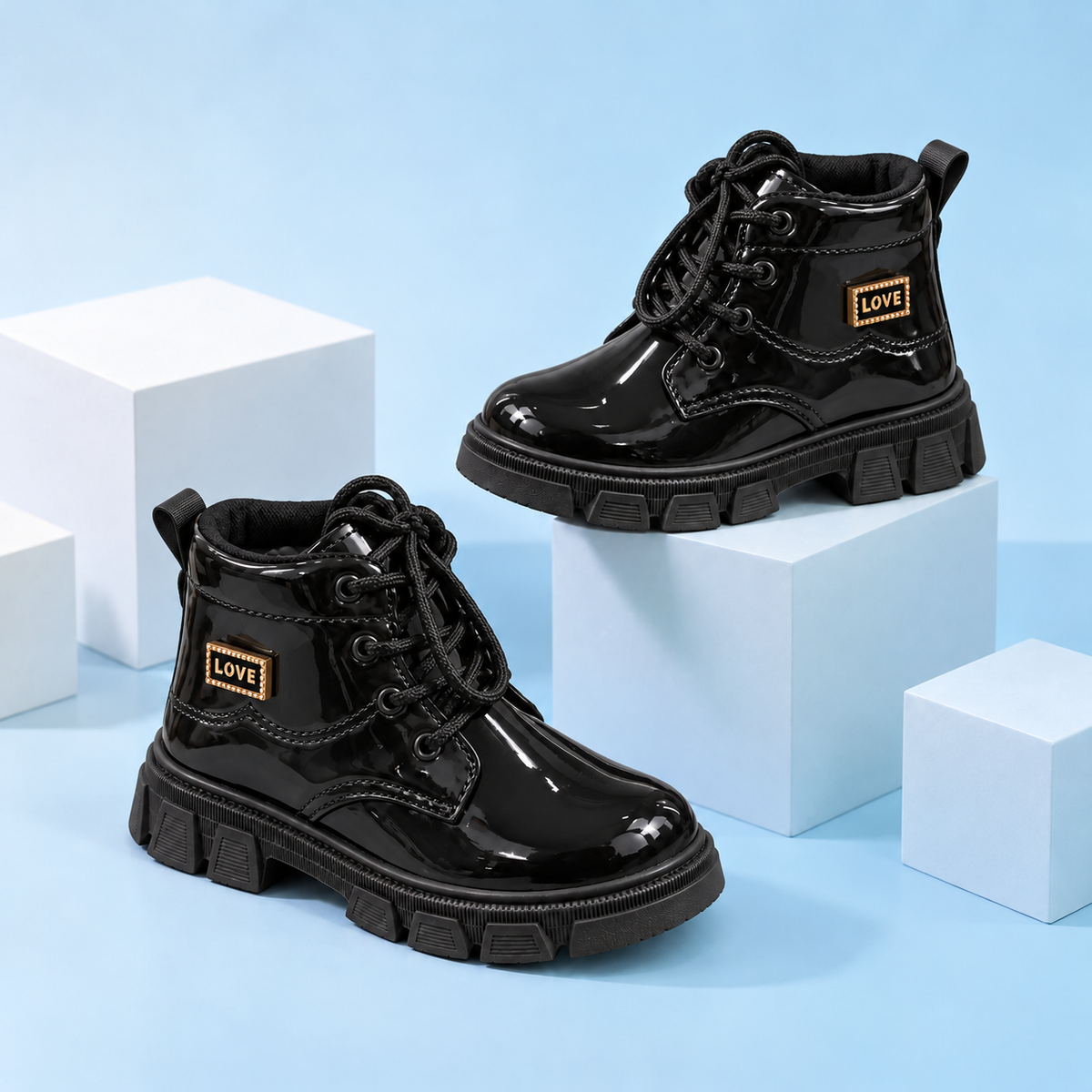 Girls’ Glossy Lace-Up Ankle Boots with Chunky Treaded Soles, Padded Collars and Elegant Gold-Tone “LOVE” Details for Stylish Everyday Outfits