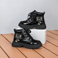 Girls’ Glossy Lace-Up Ankle Boots with Chunky Soles and Cute Bear Details