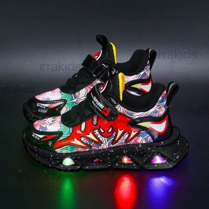 Kids' Cartoon LED Light-Up Sneakers: Red & Blue PU Leather Casual Sports Shoes - Sizes 21-35 - IRRAKIDS