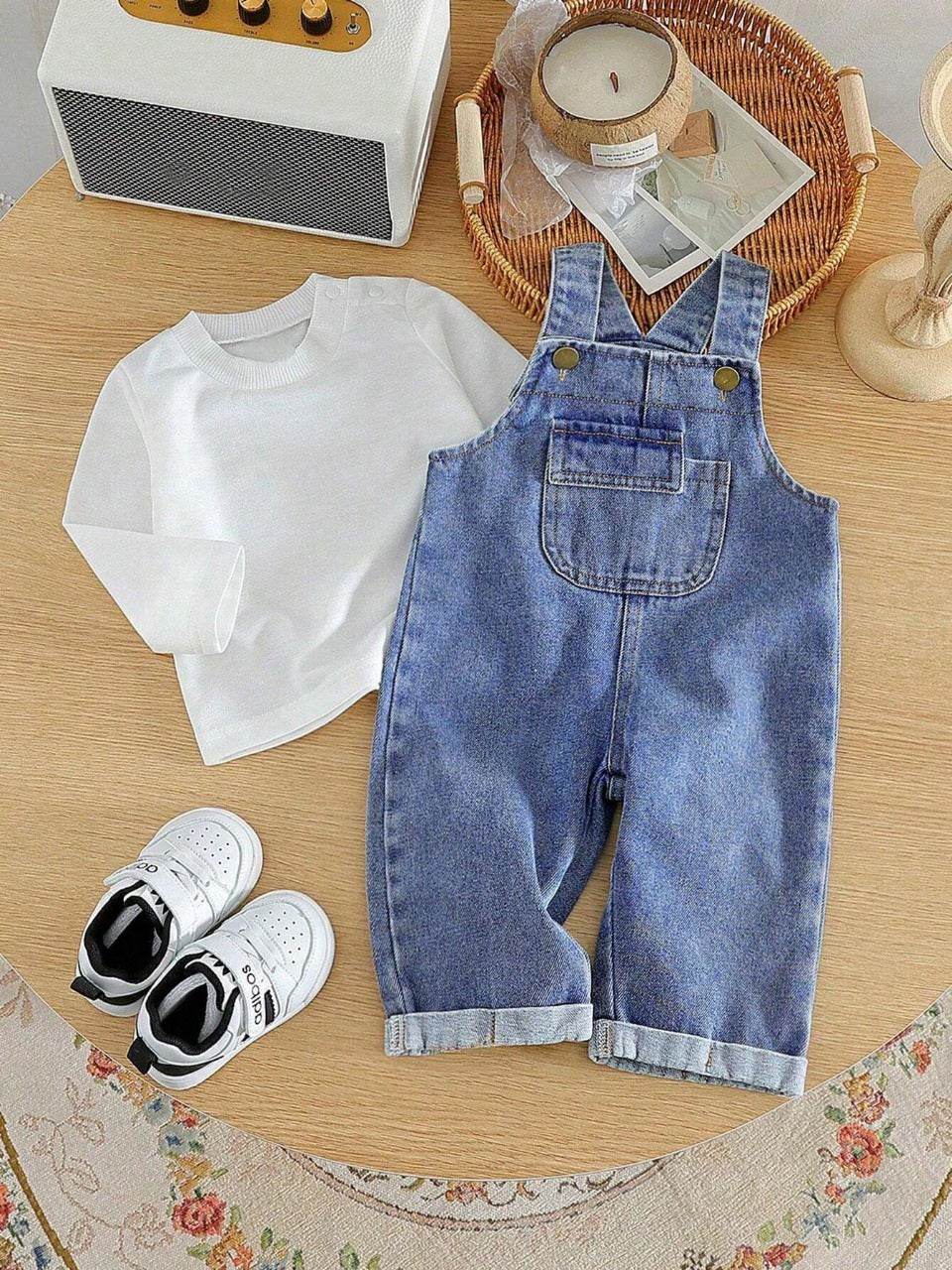 Baby Boys Solid Color T-Shirt & Rolled-Up Denim Overall Jumpsuit – Trendy Spring Outfit - IRRAKIDS